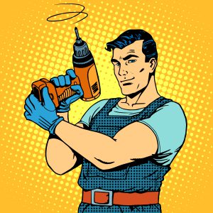 Repair work with a drill pop art retro style. Male professional homework